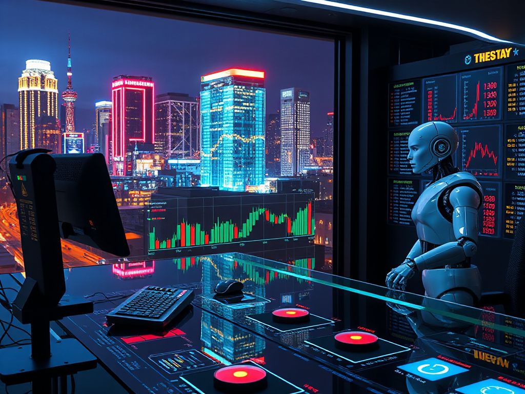 Futuristic AI robot trading cryptocurrencies on holographic screens