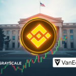 Binance Coin logo above a bullish chart with the SEC building and ETF firm logos, illustrating the race for a spot BNB ETF