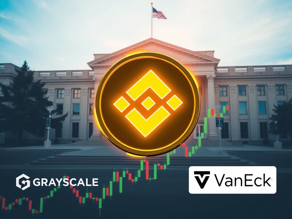 Binance Coin logo above a bullish chart with the SEC building and ETF firm logos, illustrating the race for a spot BNB ETF