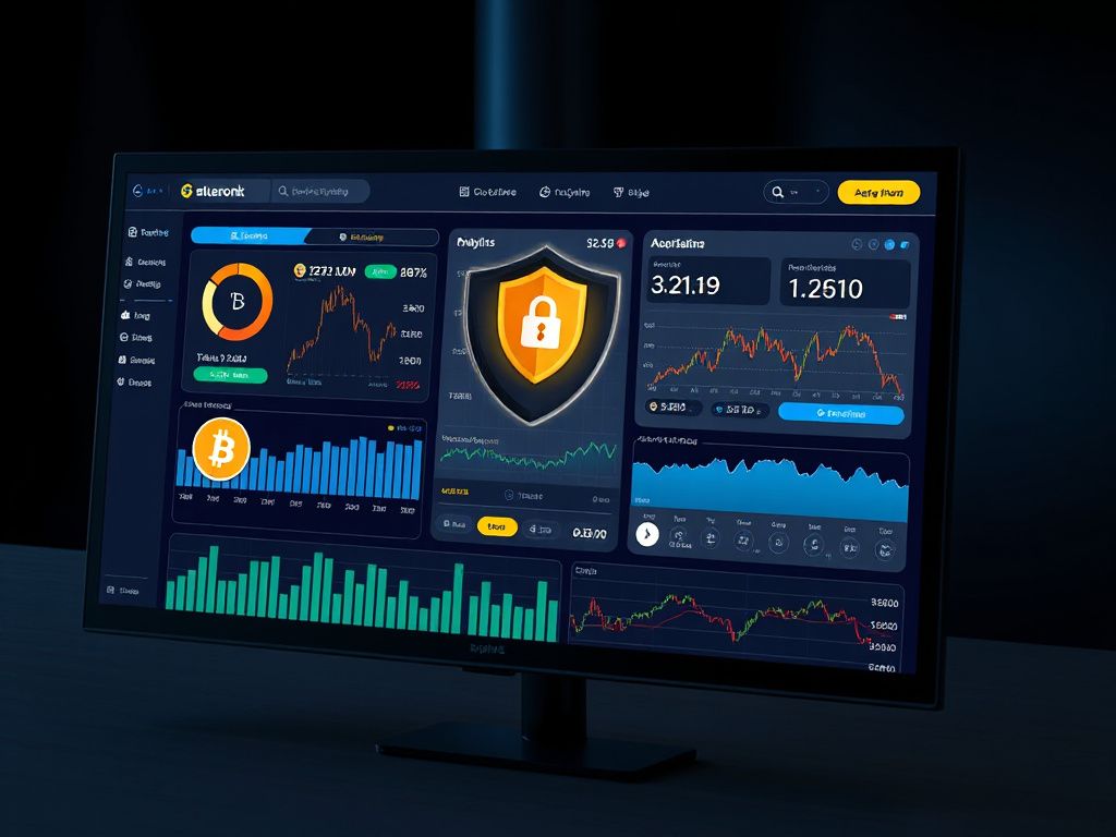Cryptocurrency exchange dashboard displaying token analytics, security icons, and market data charts