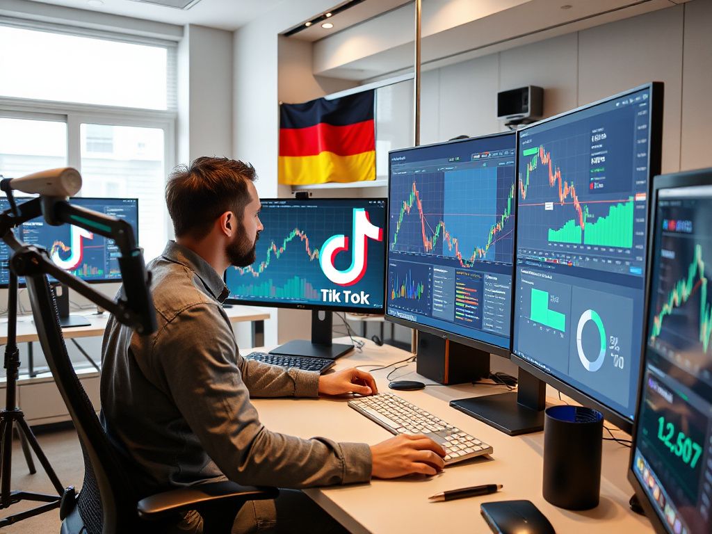 Trader analyzing a bullish chart on multiple screens with TikTok and German trading community references