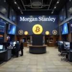 Modern brokerage trading floor showing digital crypto symbols and corporate logos, illustrating the new fee competition among traditional financial firms