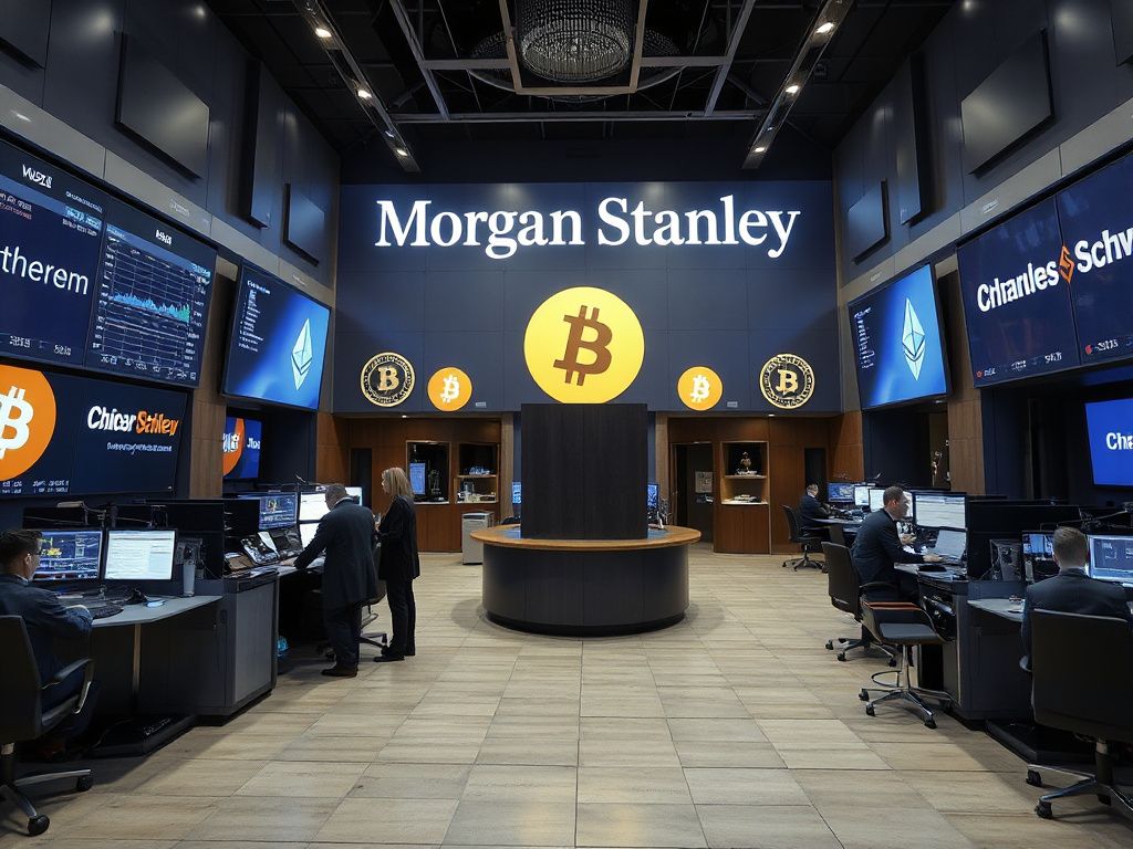 Modern brokerage trading floor showing digital crypto symbols and corporate logos, illustrating the new fee competition among traditional financial firms