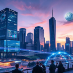 Futuristic financial technology scene with AI dashboards, mobile crypto mining, and digital payment streams