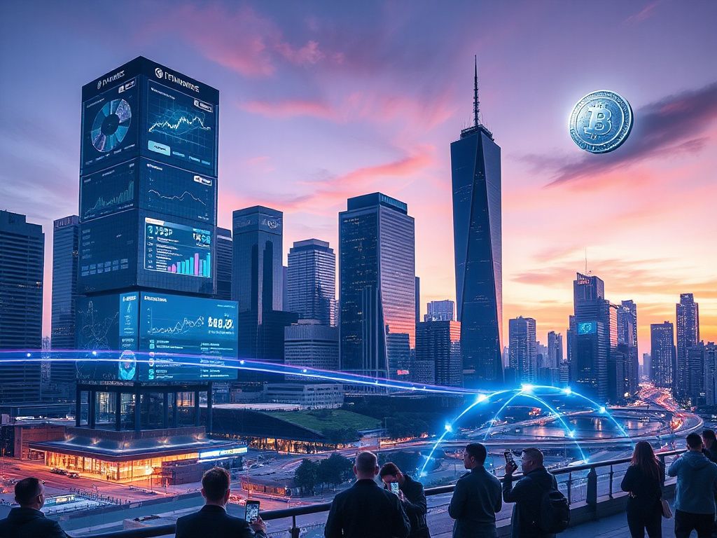 Futuristic financial technology scene with AI dashboards, mobile crypto mining, and digital payment streams