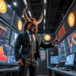 Minotaur in a business suit reviewing Bitcoin futures charts on large screens alongside a human analyst, emphasizing human‑centric risk management
