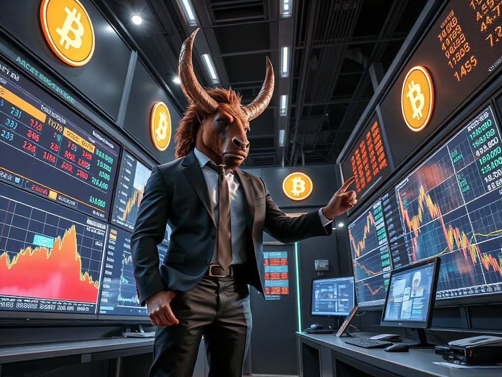 Minotaur in a business suit reviewing Bitcoin futures charts on large screens alongside a human analyst, emphasizing human‑centric risk management