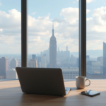 Photorealistic view of a modern office with laptop and city skyline