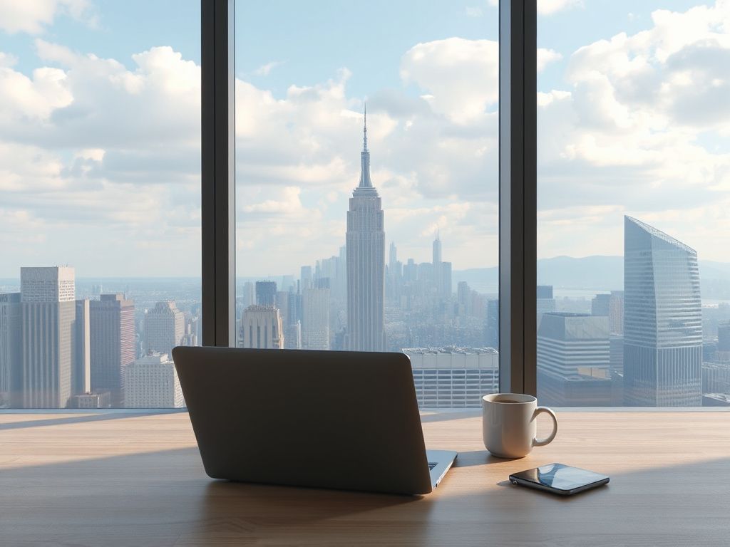Photorealistic view of a modern office with laptop and city skyline