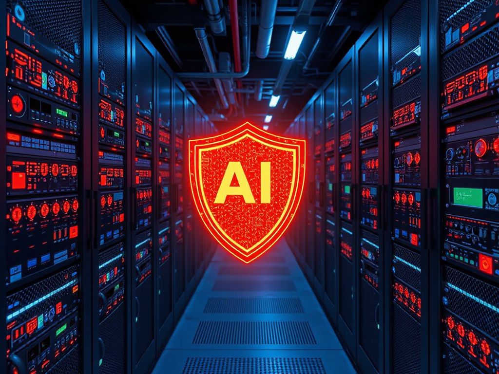 Futuristic data center with AI chips and a security shield symbolizing OpenAI's Codex Security and market effects