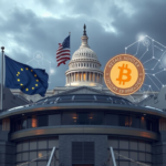 Futuristic financial hub with EU and US symbols, crypto icons, and AI circuitry representing regulation and AI‑driven payments