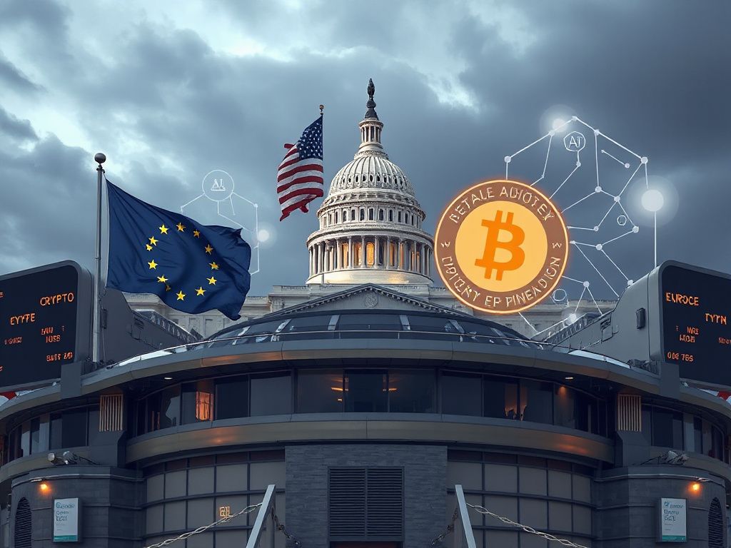 Futuristic financial hub with EU and US symbols, crypto icons, and AI circuitry representing regulation and AI‑driven payments