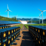 Photorealistic image of a Bitcoin mining farm powered by solar panels, wind turbines, and hydroelectric energy