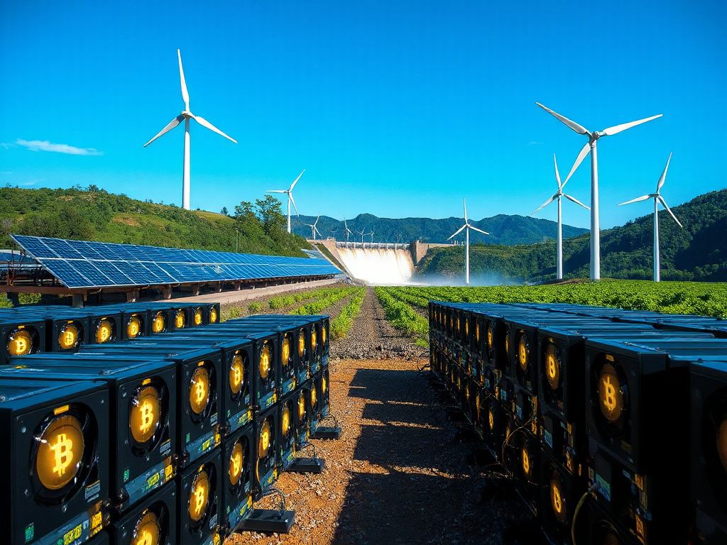 Photorealistic image of a Bitcoin mining farm powered by solar panels, wind turbines, and hydroelectric energy