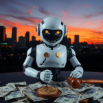 Texas skyline with a shattered AI robot, cryptocurrency icons, a gavel, and money, symbolizing the SEC's crackdown on AI crypto fraud