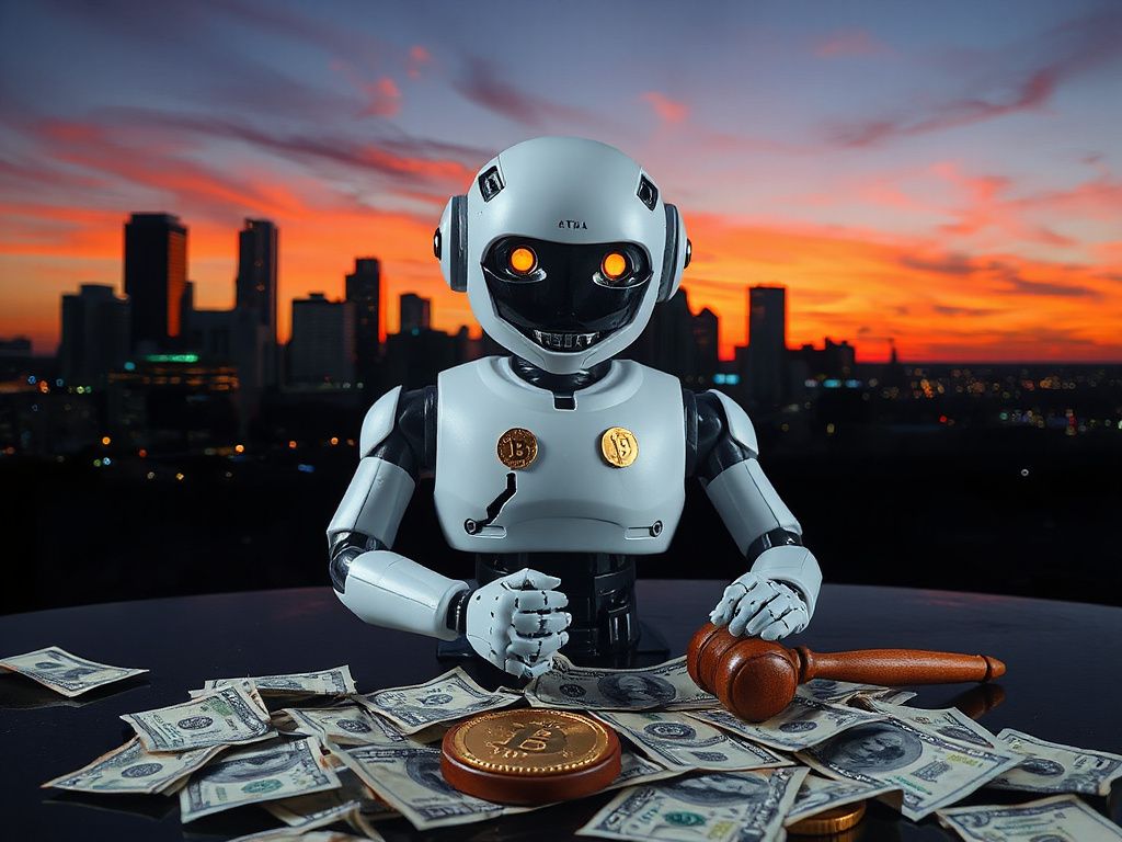Texas skyline with a shattered AI robot, cryptocurrency icons, a gavel, and money, symbolizing the SEC's crackdown on AI crypto fraud