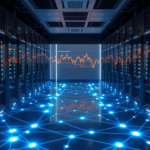 Futuristic data center with glowing blockchain nodes representing stable digital infrastructure against a backdrop of fading volatile crypto charts
