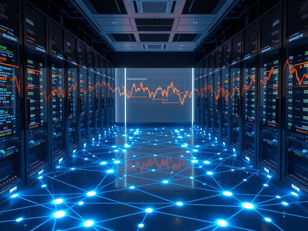 Futuristic data center with glowing blockchain nodes representing stable digital infrastructure against a backdrop of fading volatile crypto charts