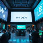 Modern trading floor with crypto market displays and Wyden‑EDX partnership branding