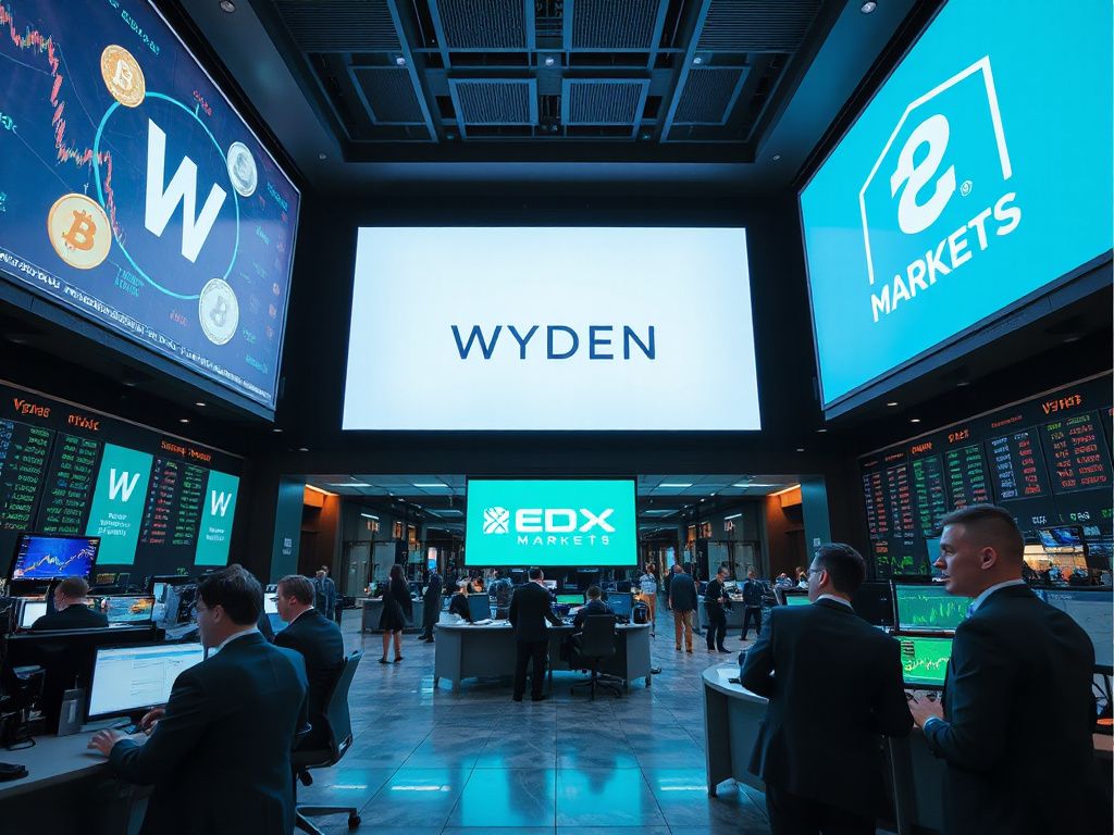 Modern trading floor with crypto market displays and Wyden‑EDX partnership branding