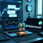 Futuristic trading desk with AI assistant holograms and Coinbase and Robinhood logos