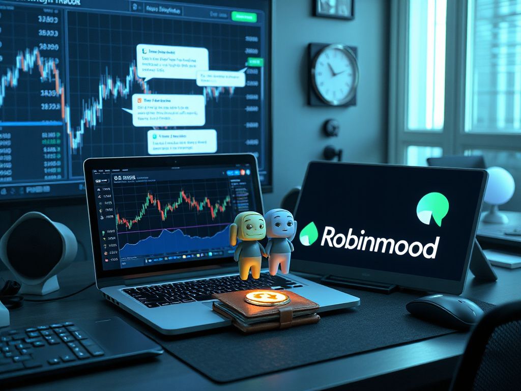 Futuristic trading desk with AI assistant holograms and Coinbase and Robinhood logos