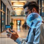 Traveler using AI chat on phone to book a hotel with crypto payment