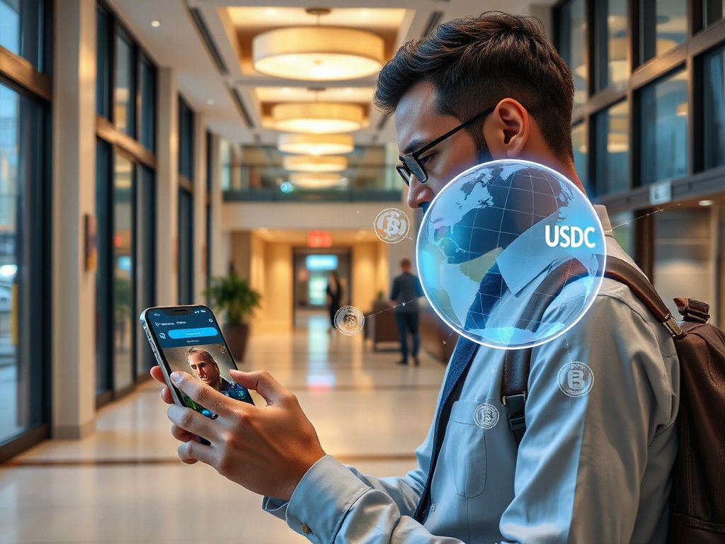 Traveler using AI chat on phone to book a hotel with crypto payment