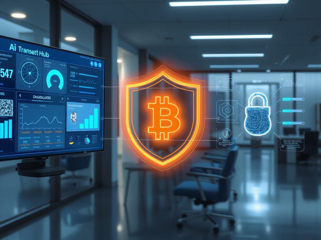 Futuristic compliance center with AI dashboards analyzing financial transactions and KYC verification