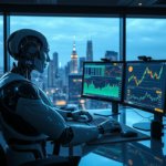 AI robot trading on holographic screens showing crypto and stock market data