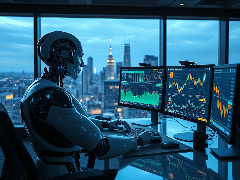 AI robot trading on holographic screens showing crypto and stock market data