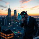 Futuristic cityscape at dusk with AI holograms and blockchain symbols, a trader reviewing crypto charts on a transparent screen, illustrating the AI-driven crypto market of 2026