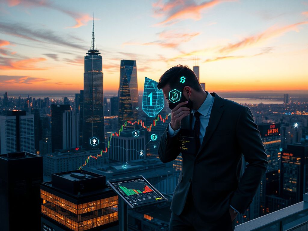 Futuristic cityscape at dusk with AI holograms and blockchain symbols, a trader reviewing crypto charts on a transparent screen, illustrating the AI-driven crypto market of 2026