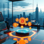 Futuristic trading desk with holographic AI agents and cryptocurrency symbols