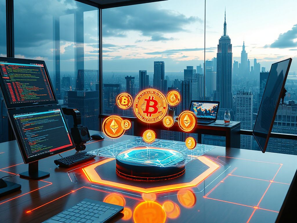 Futuristic trading desk with holographic AI agents and cryptocurrency symbols