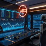 Photorealistic illustration of AI-powered crypto subaccounts and the ARX token on a futuristic trading desk