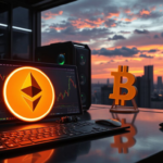 Photorealistic image of Ethereum and Bitcoin logos with upward charts and mining hardware, symbolizing the June 2026 market outlook