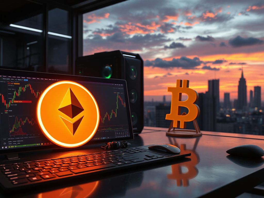 Photorealistic image of Ethereum and Bitcoin logos with upward charts and mining hardware, symbolizing the June 2026 market outlook