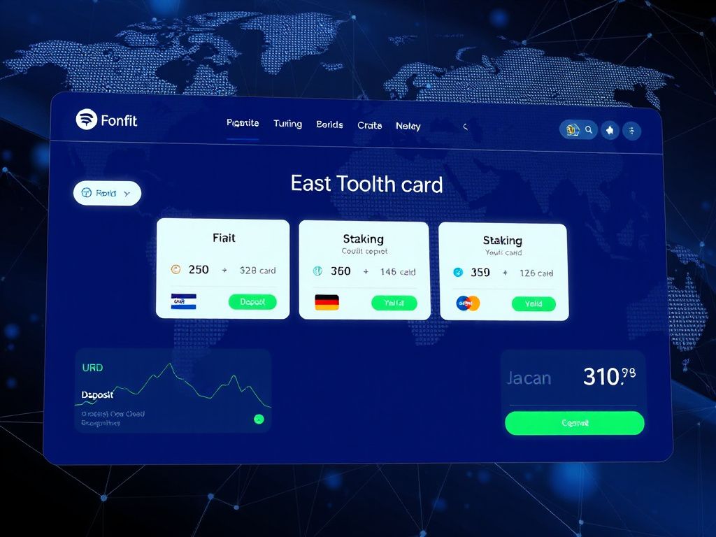 Dashboard of a crypto exchange showing fiat deposits, credit card payments, and staking yields