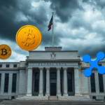 Federal Reserve building surrounded by cryptocurrency symbols representing market impact