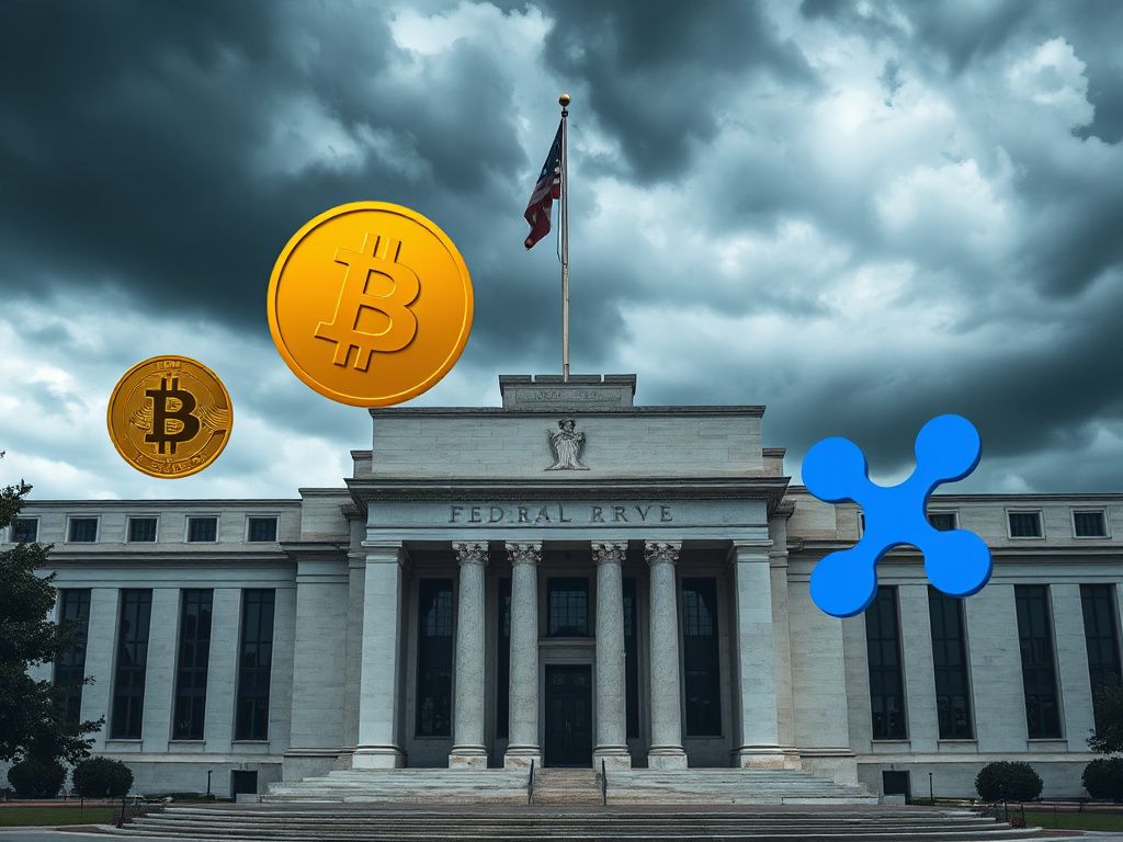 Federal Reserve building surrounded by cryptocurrency symbols representing market impact