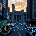 Photorealistic view of the Federal Reserve and New York skyline with stock charts, AI graphics, and cryptocurrency icons illustrating market resilience in June 2026