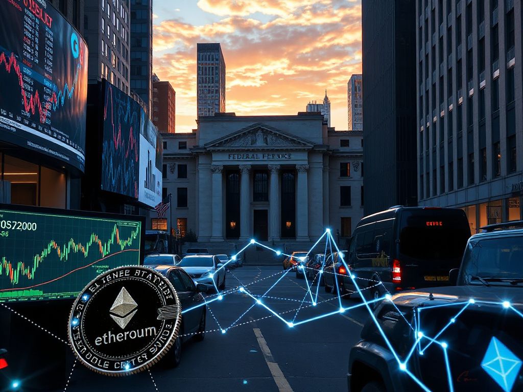 Photorealistic view of the Federal Reserve and New York skyline with stock charts, AI graphics, and cryptocurrency icons illustrating market resilience in June 2026