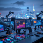 Futuristic trading desk with holographic cryptocurrency charts and AI robot arms in a neon-lit cityscape