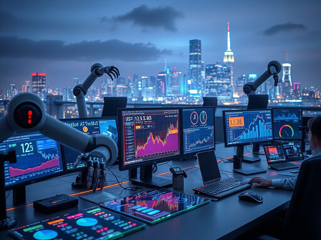 Futuristic trading desk with holographic cryptocurrency charts and AI robot arms in a neon-lit cityscape