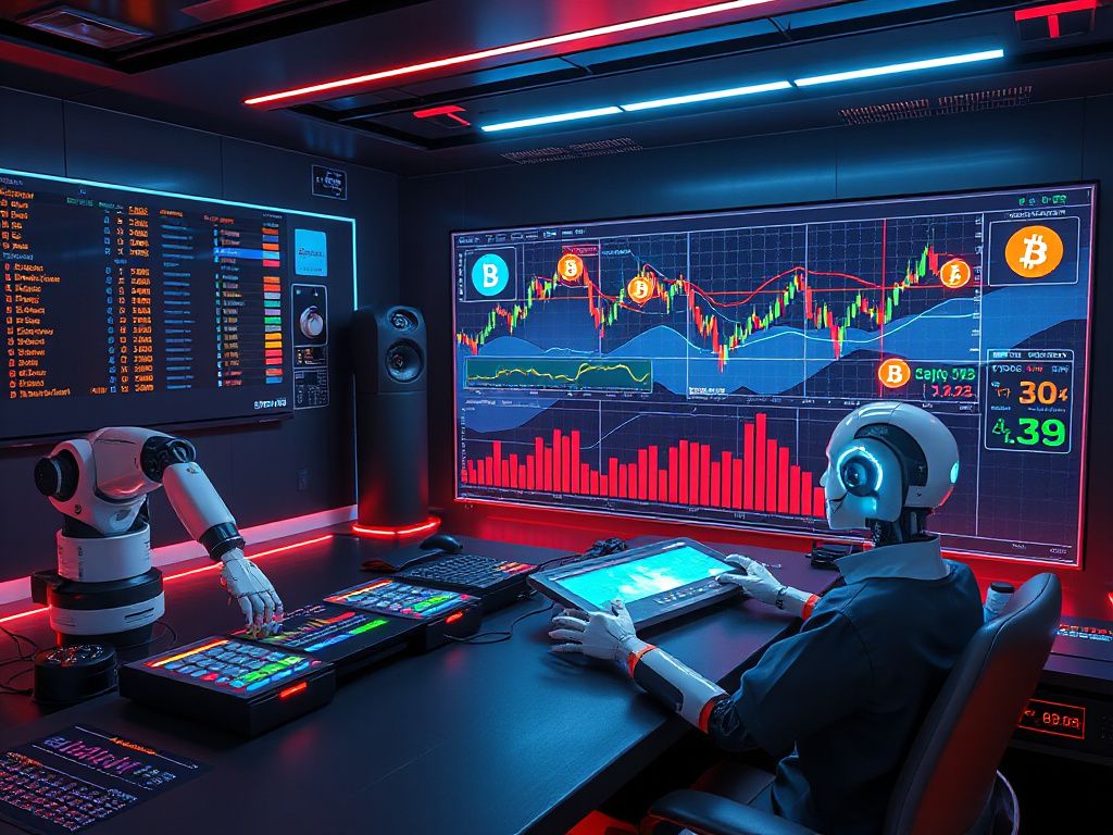 Photorealistic image of an AI‑driven crypto trading bot interface with holographic charts and blockchain visuals