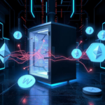Cyberpunk illustration of a digital vault under attack, showing Ethereum and stablecoin symbols