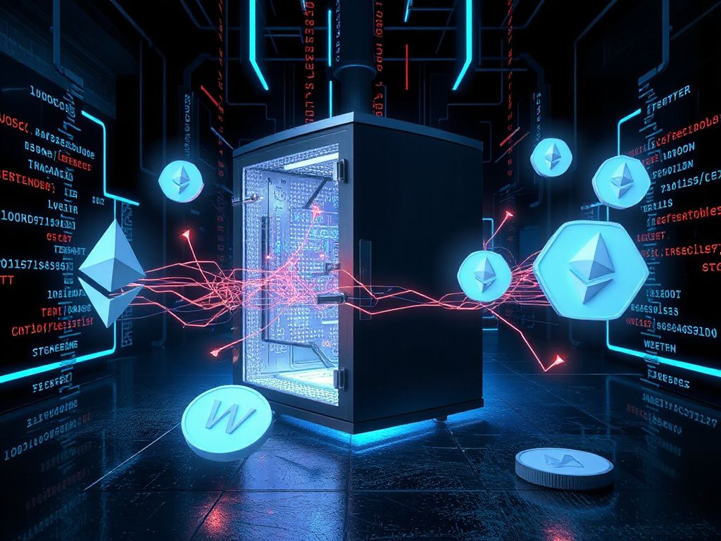 Cyberpunk illustration of a digital vault under attack, showing Ethereum and stablecoin symbols
