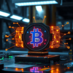 Photorealistic depiction of a quantum computer interacting with a Bitcoin logo, symbolizing security risk