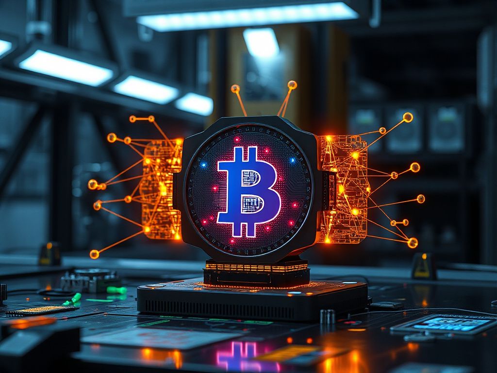 Photorealistic depiction of a quantum computer interacting with a Bitcoin logo, symbolizing security risk